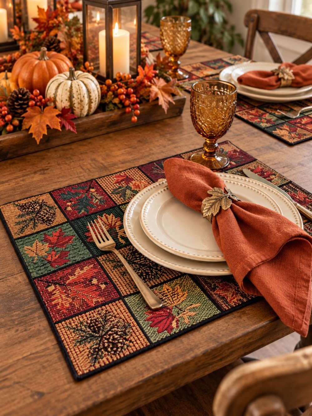 Autumn Harvest Tapestry Placemats Fall Leaves Pinecones Set of 6 12"x18"